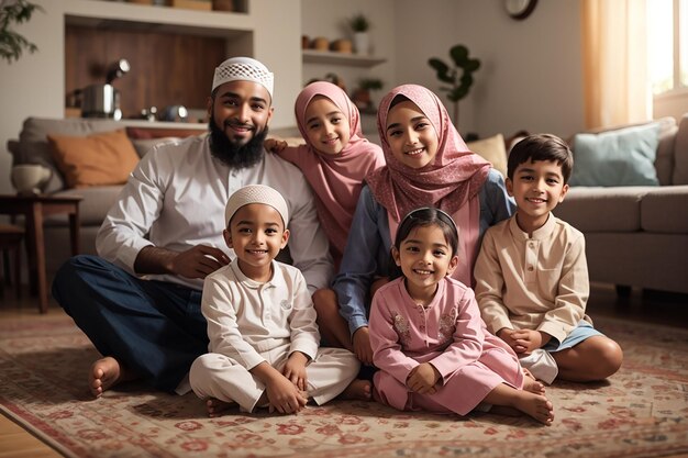 Glückliche muslimische Eltern und ihre Kinder entspannen sich zu Hause auf dem Boden und schauen in die Kamera