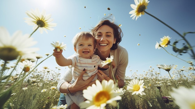 Glückliche Mutter mit ihrem kleinen Sohn im Garten mit Blumen