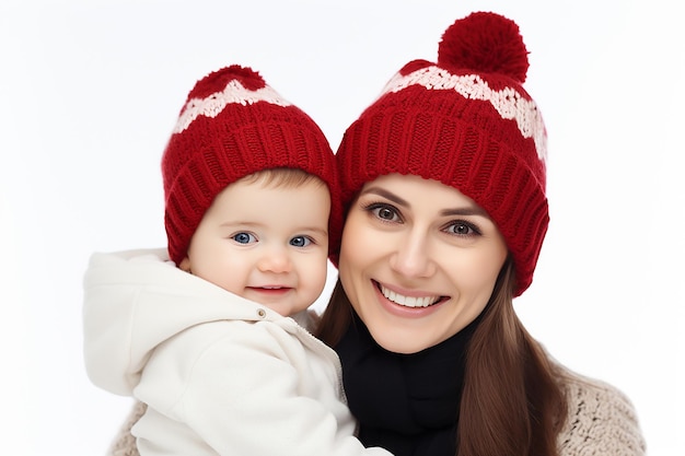 Glückliche Mutter mit Kind auf weißem Hintergrund in Hut und Jacke