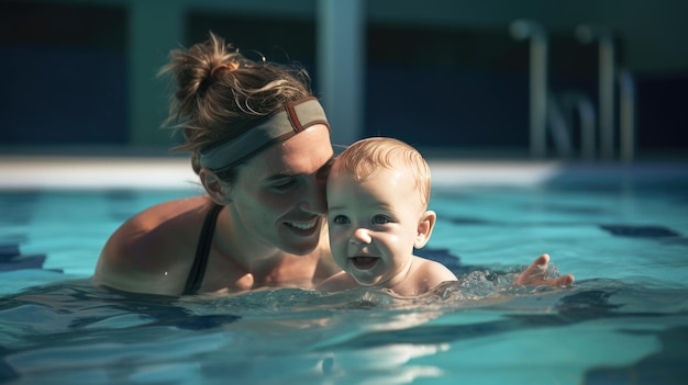 Foto glückliche mutter und baby im schwimmbad zu hause familienurlaubskonzept