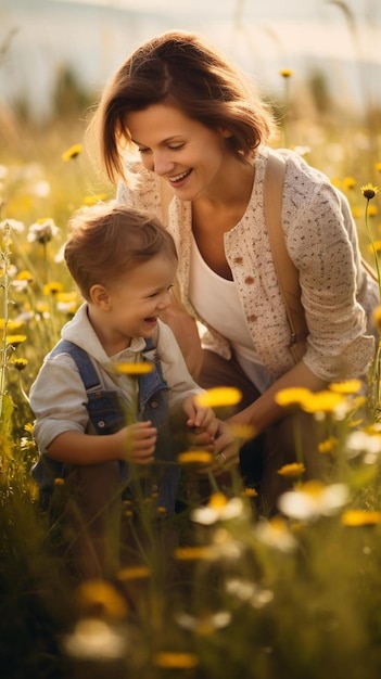 glückliche Mutter und Sohn genießen an einem sonnigen Tag die Natur
