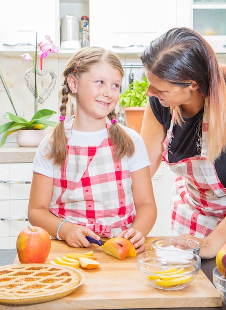 Glückliche Mutter und Tochter bereiten zusammen einen Kuchen vor