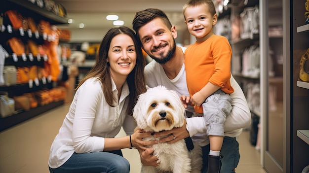 glückliche Mutter-Vater-Kinder und ihr schöner Hund auf grünem und orangefarbenem Haustiergeschäft verschwommenem Hintergrund