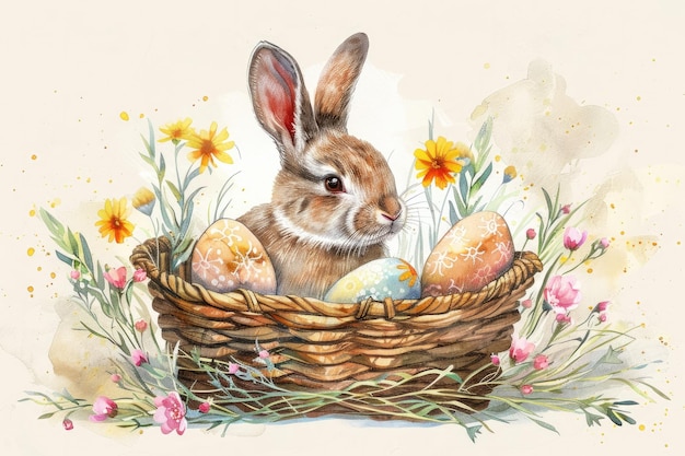 Glückliche Oster-Wasserkarten mit niedlichen Osterhase-Eiern, Frühlingsblumen und Vogel in Pastellfarben, isoliert auf weißem Hintergrund