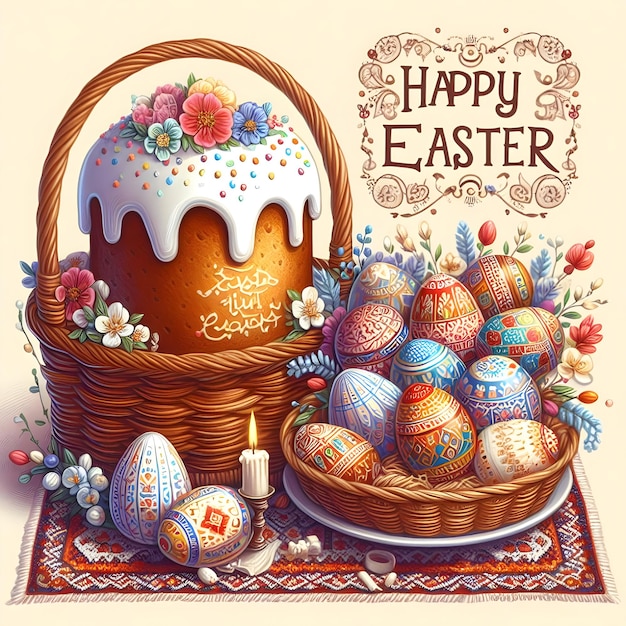 Glückliche Ostergrüße mit einem Korb mit geschmückten Eiern und einem traditionellen Kuchen