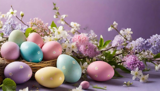Glückliche Osterkomposition farbenfrohe Eier unter Frühlingsblumen auf pastellviolettem Hintergrund