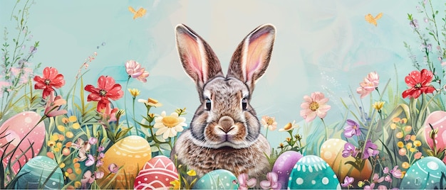 glückliche Ostern liebenswerte Hase 2D-Handzeichnung Boho-Stil umgeben von Frühlingsblumen