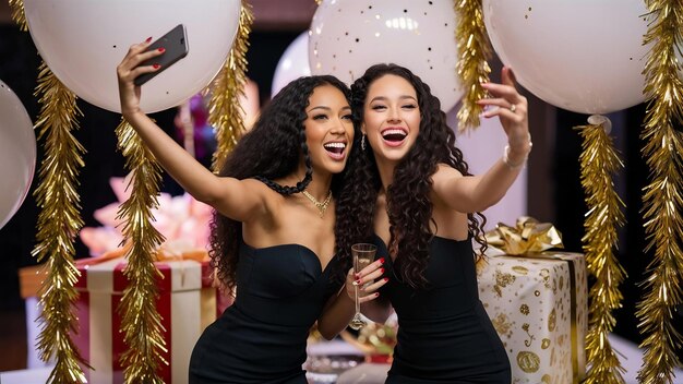 Glückliche Party-Momente von zwei modischen jungen Frauen, die ein Selfie machen