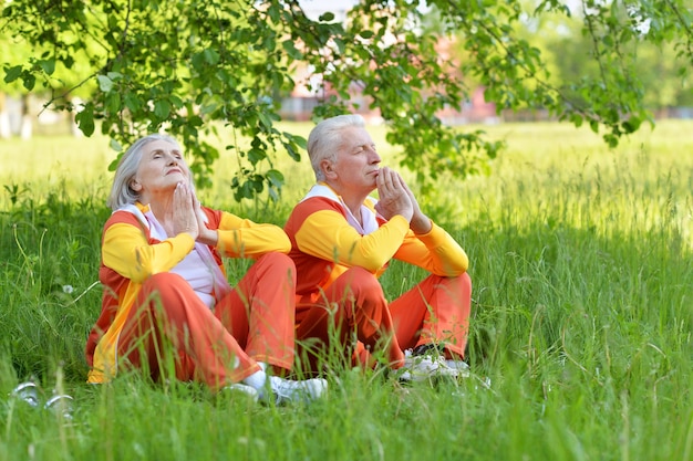 Glückliche Passform älteres Paar, das im Park meditiert