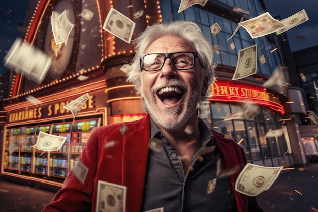 Foto glückliche person gewinnt einen großen jackpot beim glücksspiel im casino