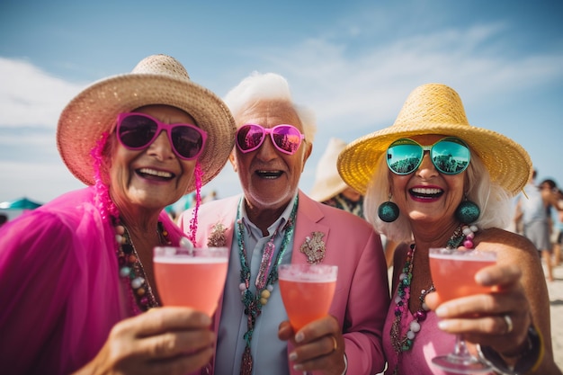 Glückliche Rentner, Rentner, Sommerferien, Ferien, Strand, Schiff und Meer, Cocktails, Reisen, glückliches Alter, das Leben genießen, Großmutter und Großvater, Großeltern, generative KI