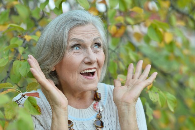 Glückliche schöne ältere Frau im Herbstpark