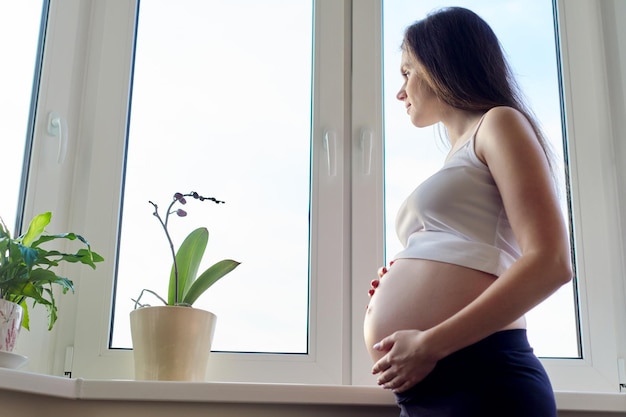 Glückliche schöne junge schwangere Frau, die träumerisch aus dem Fenster schaut