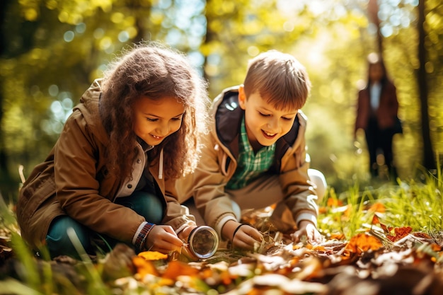 Glückliche Schulkinder lernen, wie man mit generativer KI Feuer erzeugt