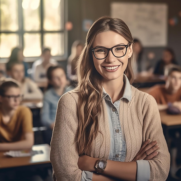 Glückliche Schullehrerin mit Brille