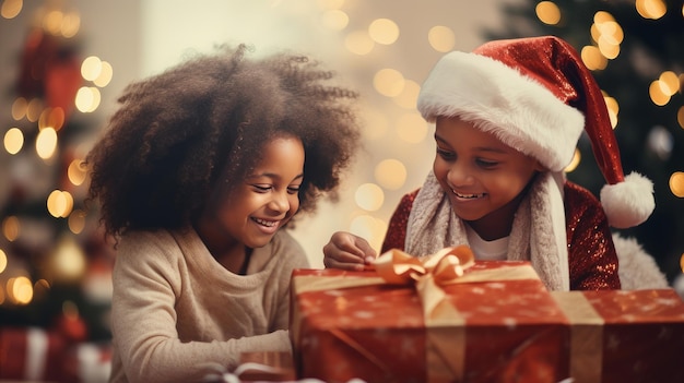 Glückliche schwarze Familie mit Kindern und Eltern, die Weihnachtsgeschenke öffnen