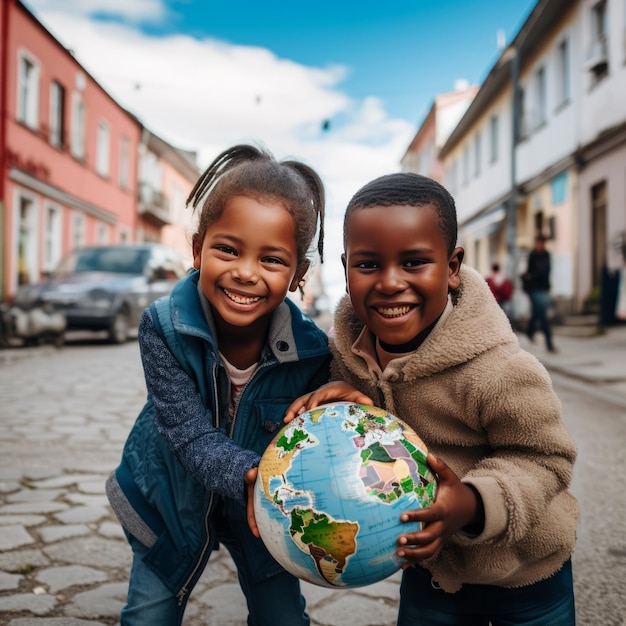 Glückliche schwarze Kinder halten einen Globus und lächeln in die Kamera