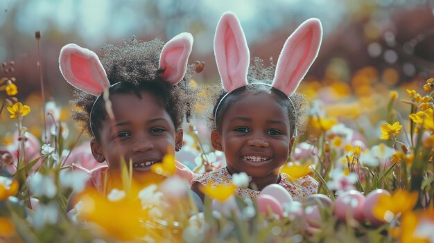 Glückliche schwarze Schwestern, die sich zu Ostern als Kaninchen verkleidet haben und zusammen auf eine Eierjagd gehen.