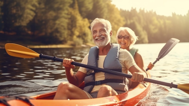 Glückliche Senioren fahren mit Schwimmwesten Kajak auf einem See. Reisen für Rentner