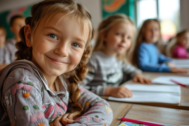 Glückliche slawische Kinder sitzen in der Schule an ihren Schreibtischen