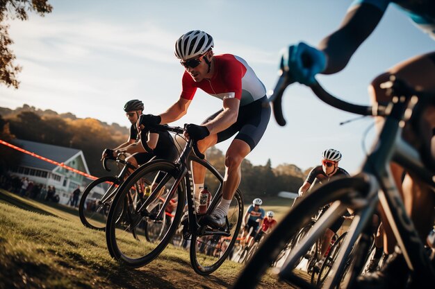 Glückliche Sportfreunde fahren an einem sonnigen Tag zusammen Fahrrad Generative KI