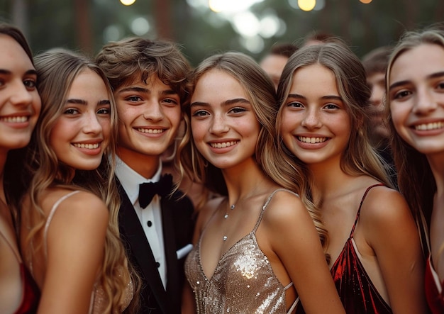 Glückliche Studenten in schönen Kleidern und Smokings machen ein Foto vor dem Hochschulball