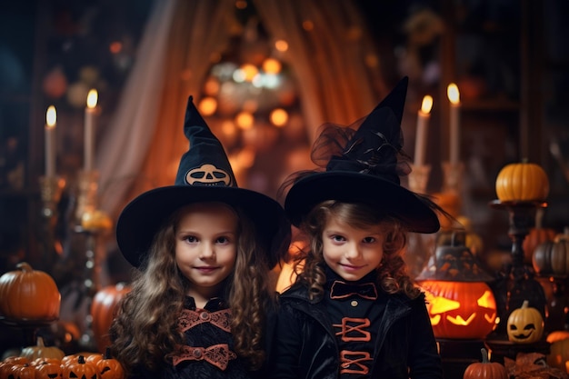 Glückliche süße Kinder mit Halloween-Themenfestival haben Spaß auf der Nachtparty