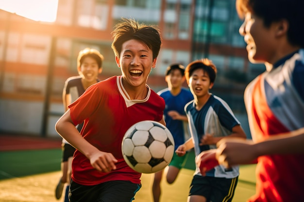 Glückliche Teenager, die tagsüber im Freien Fußball spielen