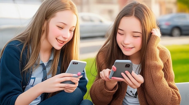 Glückliche Teenager-Mädchen mit Smartphones