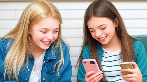 Glückliche Teenager-Mädchen mit Smartphones