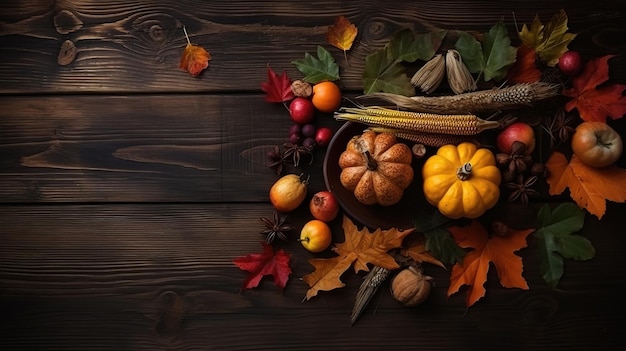 Glückliche Thanksgiving-Herbstkomposition mit reifen Blättern Kürbis und Thanksgiving TruthahnGenerative Ai