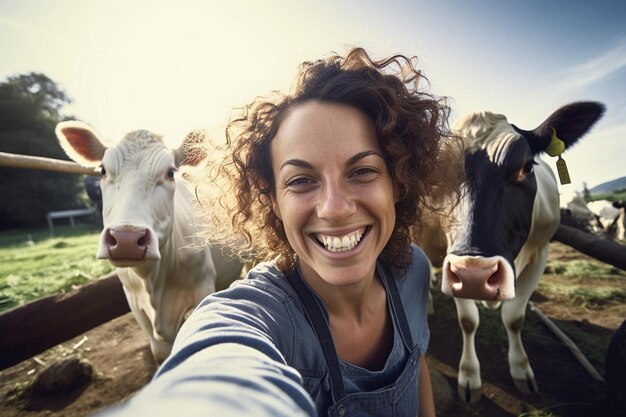 Glückliche Tierarztfrau lächelt, während sie ein Selfie macht. Generativ von Ai