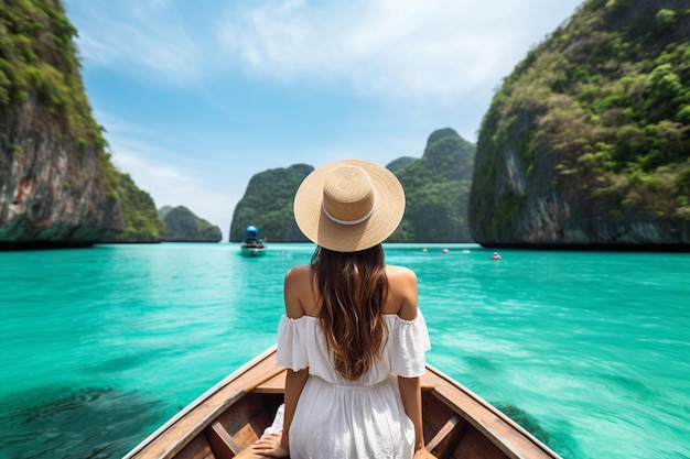 Glückliche Touristin in weißem Sommerkleid entspannt sich