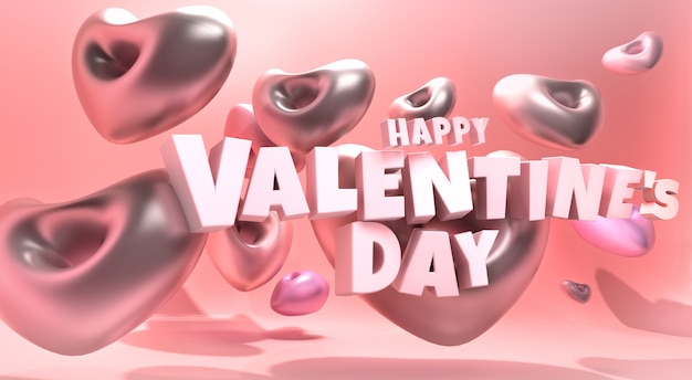 Glückliche Valentinstag 3d Illustration mit Herzballon und schwebendem 3D-Text