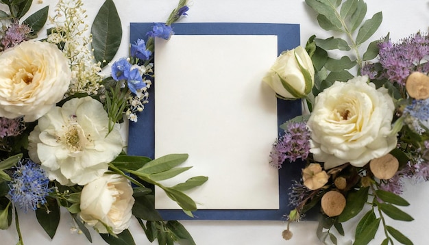 Glückliche Verlobungskarte mit Blumen und Blättern Kopierraum Text-Mockups Top-View