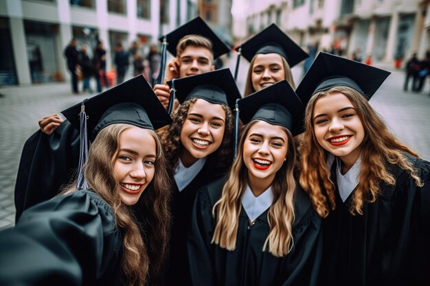 Glückliche, vielfältige, zufriedene Hochschulabsolventen mit generativer KI-Technologie