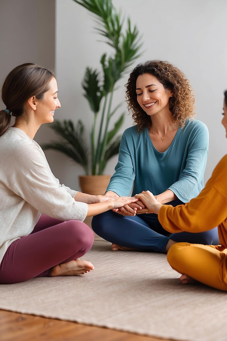 Foto glückliche weibliche ganzheitliche lehrerin, die während der spirituellen übung die hände einer frau hält, meditation erlebt, energie, frieden und liebe fühlt, unterstützung während der körperlichen gesundheitsretreat-heilungstrainingssitzung gibt