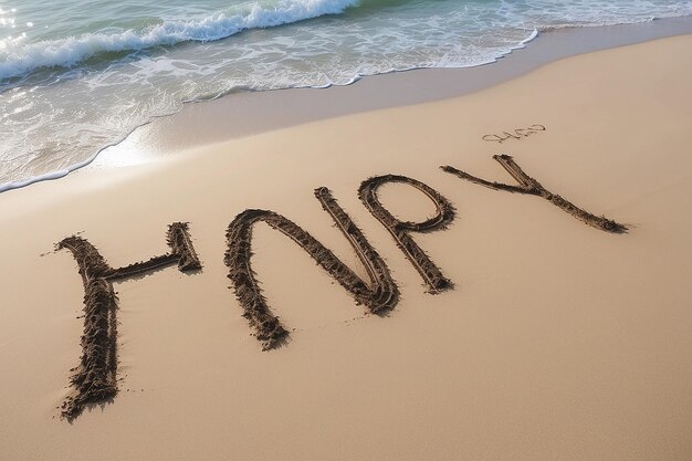 Foto glückliche worte geschrieben im sand am strand