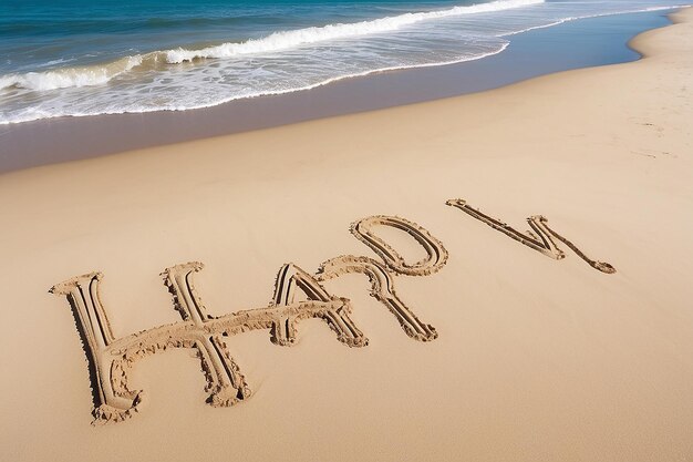 Foto glückliche worte geschrieben im sand am strand