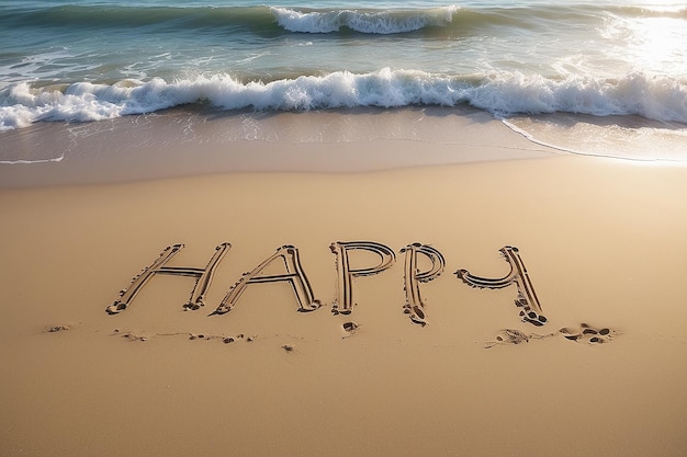 Glückliche Worte geschrieben im Sand am Strand