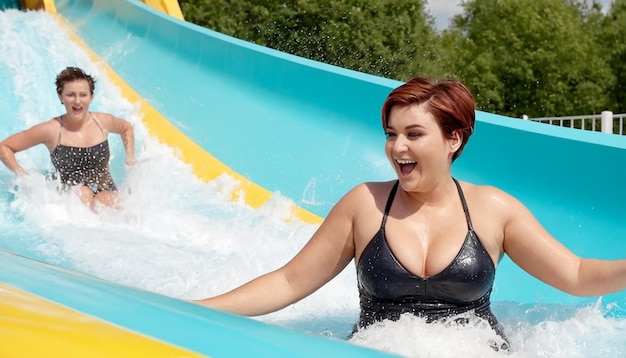 Glückliche, zufriedene junge Frau, die sich in einem Aquapark amüsiert