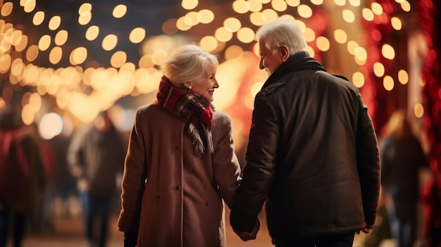 Glückliche zwei ältere Menschen, ein Mann, der vor dem Hintergrund der Lichter des Weihnachtsmarktes spaziert