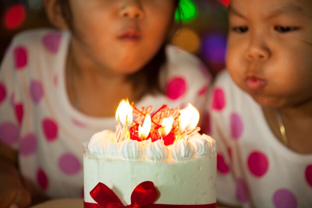 Glückliche Zwillinge, die zusammen ihren Geburtstag feiern und Kerzen durchbrennen