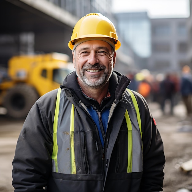 Glücklicher älterer Arbeiter auf der Baustelle