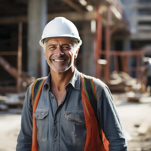 Glücklicher älterer Arbeiter auf der Baustelle