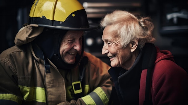 Glücklicher älterer Feuerwehrmann mit Partnerdienst, mutiges Rettungs-Rentenkonzept