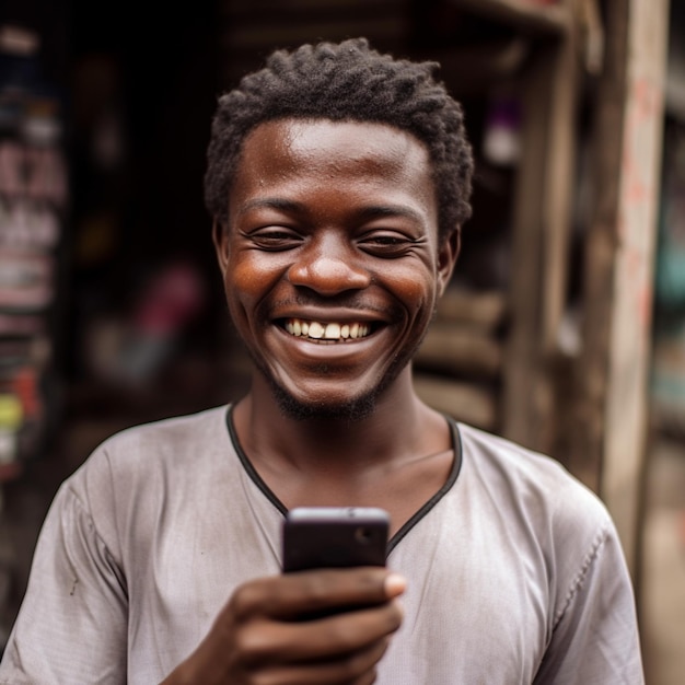 Glücklicher afrikanischer Mann, der ein Telefon hält