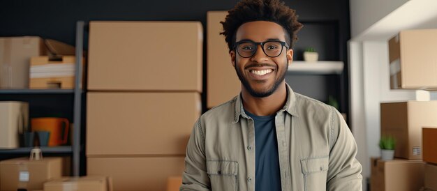 Glücklicher afroamerikanischer Mann mit Brille posiert mit verschränkten Armen vor Pappkartons, attraktiver schwarzer Mann in neuem Zuhause am Umzugstag, Panorama-VI