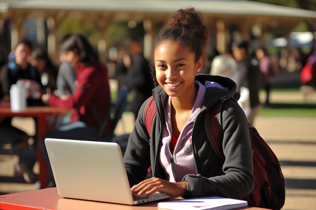 Foto glücklicher afroamerikanischer schüler, der laptop im klassenzimmer benutzt, zurück in die schule, um zu lernen