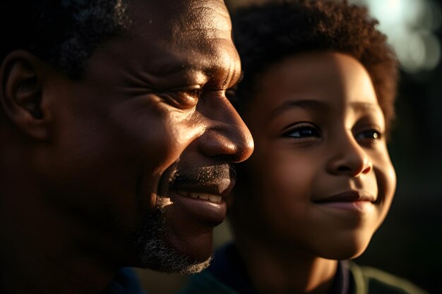 Glücklicher afroamerikanischer Vater und Sohn, die einander im Park anschauen Generative KI